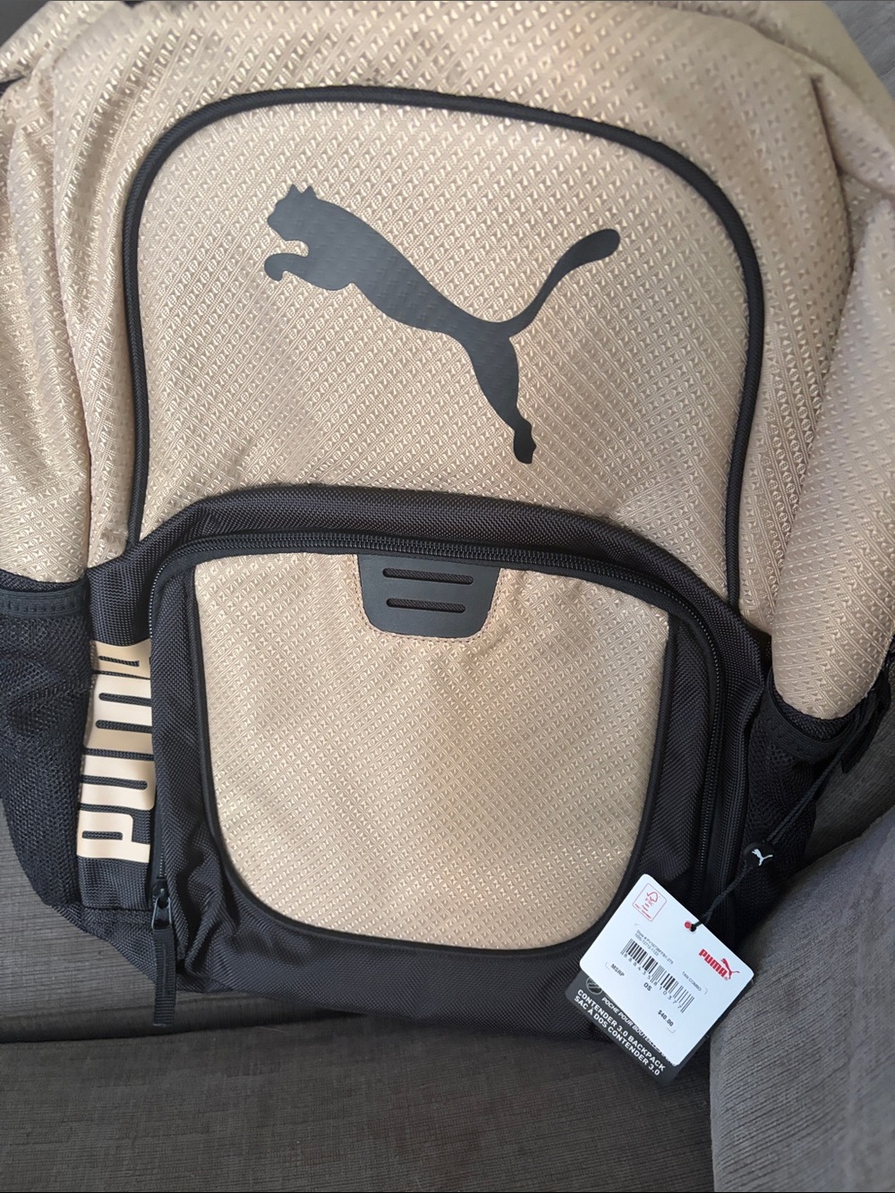 Puma Beige and Black Backpack with Front Logo Pocket
